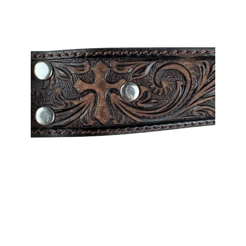 NOCONA BELT BROWN EMBOSSED CROSS NO‎ BUCKLE N3483802 Size Large